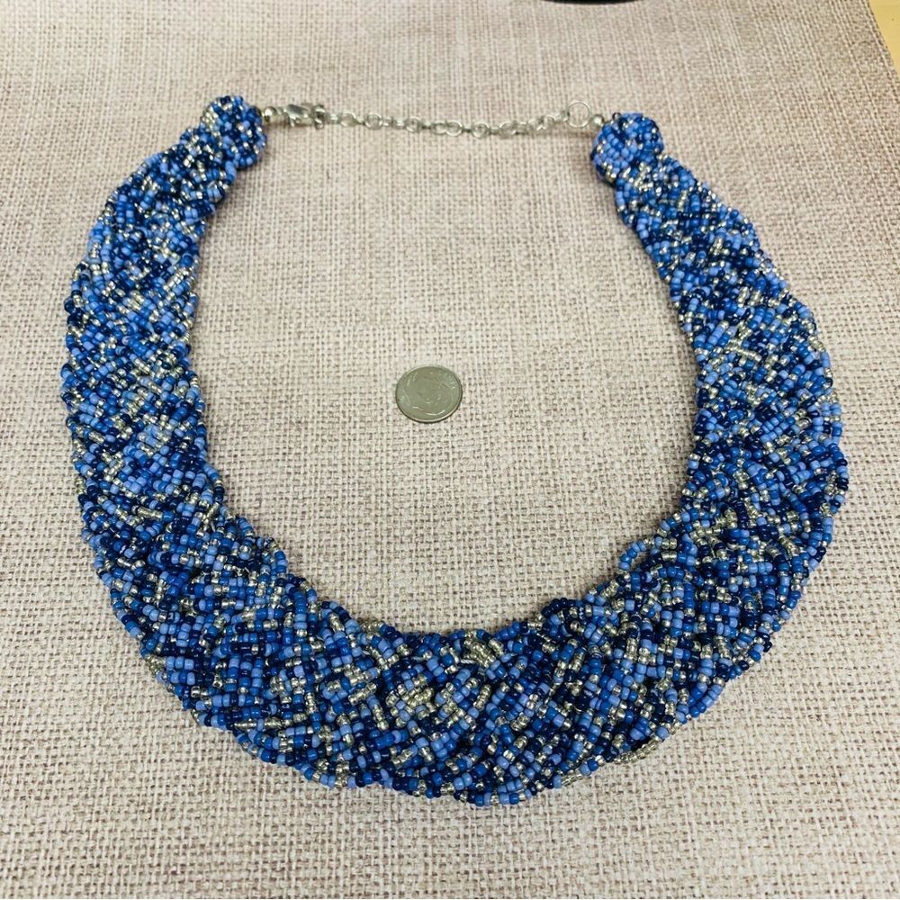 Blue Silver‎ Braided Seed Bead Necklace